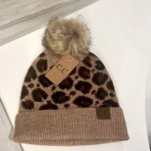 NEW C.C Beanie Winter Hat Faux Fur Pom Pom Leopard Cheetah Animal Print
